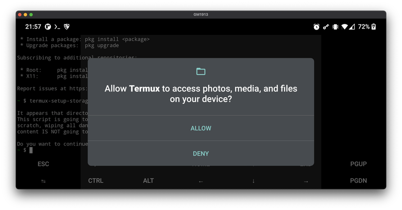 An Android Files and Media permission prompt